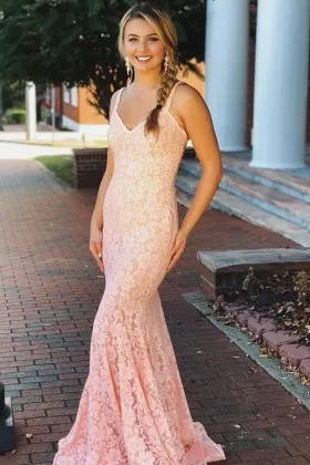 Pretty beaded blush lace mermaid evening prom dress