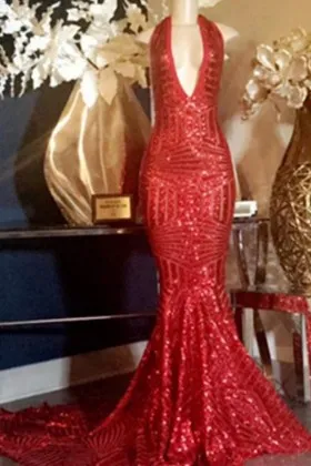 Sparkling striped red sequin mermaid long prom dress