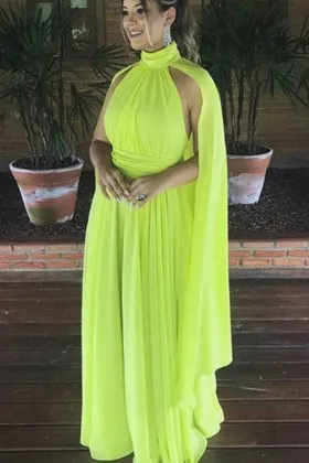 Unique caped lemon green chiffon evening prom dress