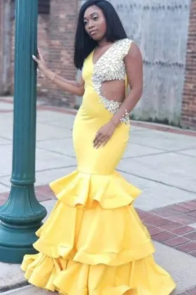 Diamonds beaded asymmetical cut out yellow unique prom dress