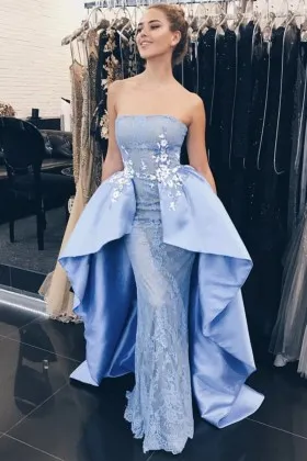 Dramatic ice blue lace and satin overskirt prom dress