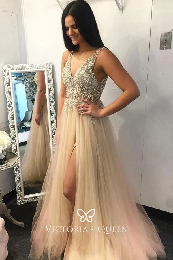 Illusion beaded bodice with deep V neckline champagne tulle evening gown Illusion beaded bodice with deep V neckline champagne tulle evening gown