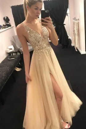beaded champagne tulle V neck A line evening prom dress