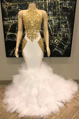Unique gold lace ruffled tulle trumpet long prom dress