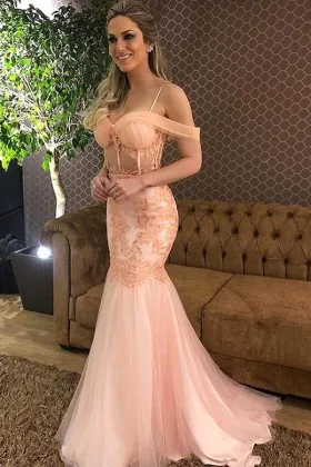 Unique blush off the shoulder mermaid formal dress