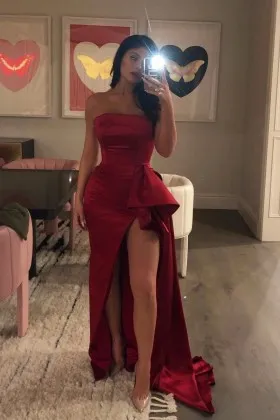 Sexy high slit crimson satin strapless long prom dress