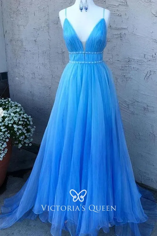 Plunging V neckline with spaghetti straps sky blue formal dress Plunging V neckline with spaghetti straps sky blue formal dress