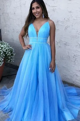 Sky blue tulle plunging neck A line long formal dress