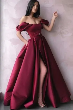 Draped off the shoulder mahogany satin long prom dress