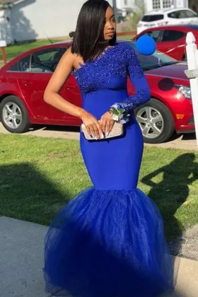 royal blue lace one sleeve trumpet organza prom dress