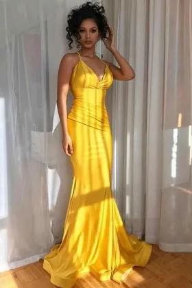 One of a kind mango yellow mermaid formal dress