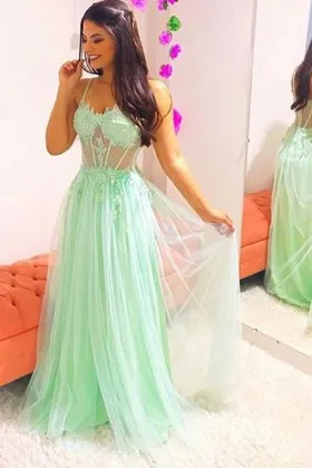 Lovely mint green sheer floor length prom party dress