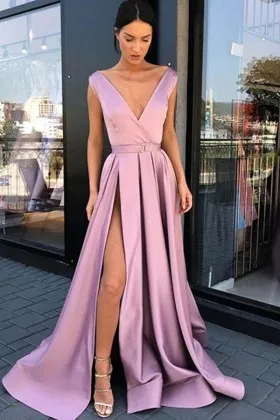 Designer wisteria satin V neck floor length prom dress