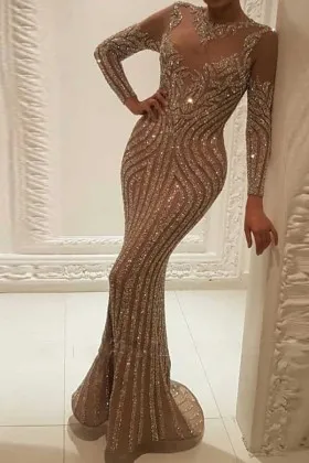 Sparkly nude hotfix beading long sleeve formal dress