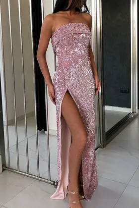 sparkly mauve line sequin slit sheath long prom dress