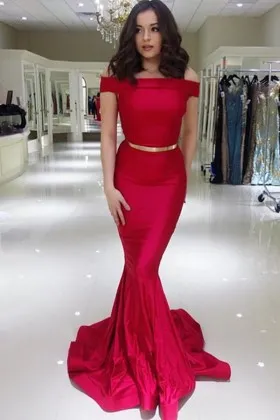 Folded off the shoulder red mermaid prom formal dress