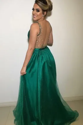 Illusion beaded open back emerald satin long prom dress