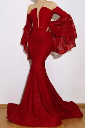 Shiny red glitter mermaid bell sleeve long prom dress