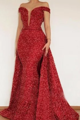Sparkly red glitter prom dress with removable overskirt