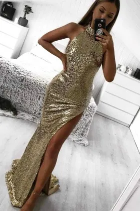Sparkly gold sequin sheath long prom dress with thigh high slit