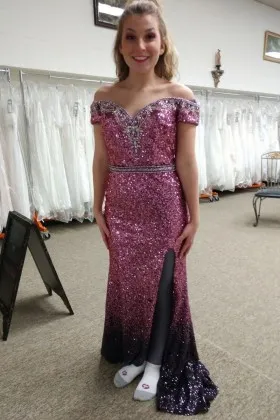 magenta to eggplant ombre sequin off shoulder prom gown