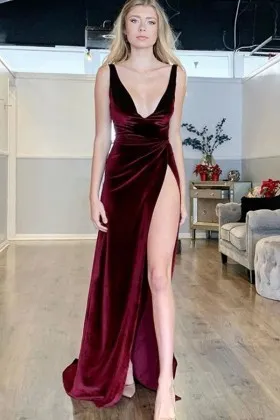 Simply sexy burgundy velvet high slit prom dress