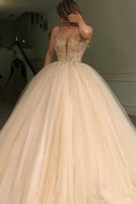 Beaded champagne tulle corset waist Quinceanera gown