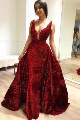 Sparkly dark red sequin prom dress with overskirt