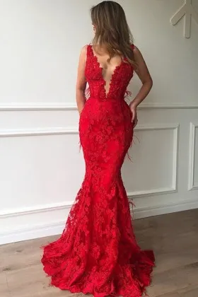 Unique red lace plunging neckline mermaid prom dress
