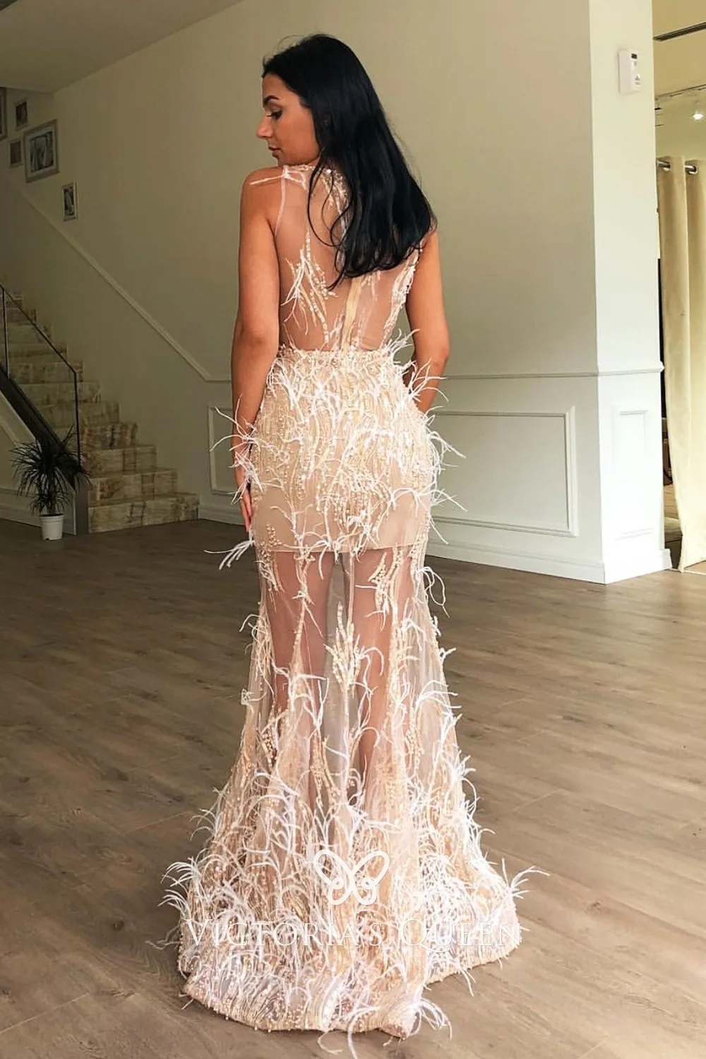 ostrich feather prom dress