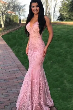 Feminine pink lace sweetheart mermaid prom formal dress