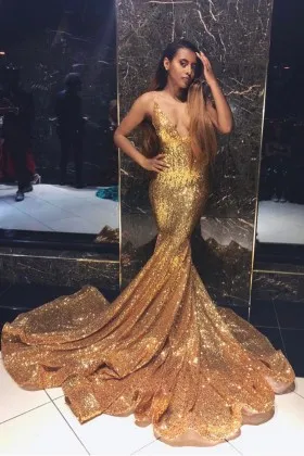 gold sequin sexy plunging v neck long train prom dress