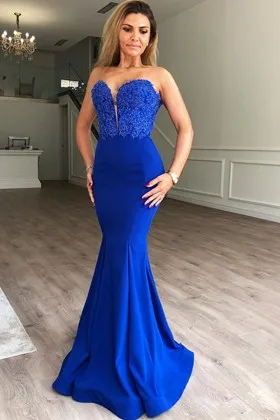 Strapless royal blue lace and satin mermaid prom dress