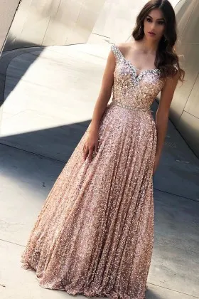 Sparkly beaded nude pink sequin designer prom dress