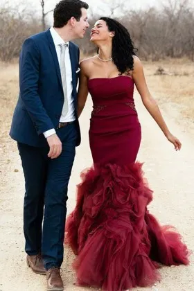Beautiful maroon satin and ruffled organza engagement dress