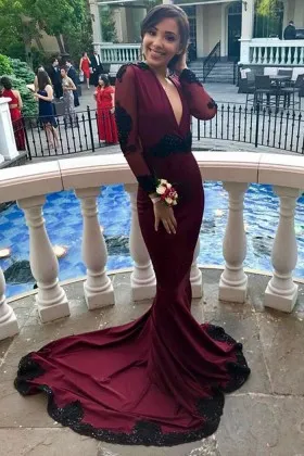 Black lace appliqued plum mermaid long train prom dress