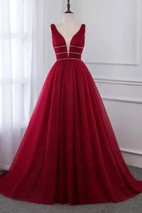 beaded curved plunging V neckline red puffy prom dress