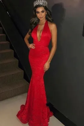 Halter plunging V neckline red lace slim pageant dress
