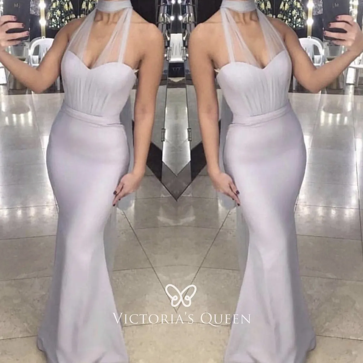 Lavender Satin with Tulle Halter Strap Bridesmaid Dress VQ