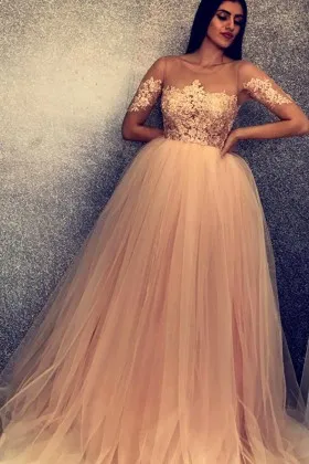 Vintage inspired illusion nude lace and tulle formal gown