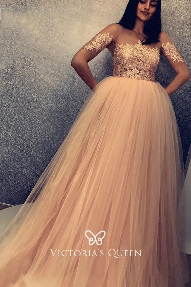Vintage inspired illusion nude lace with tulle puffy long formal gown