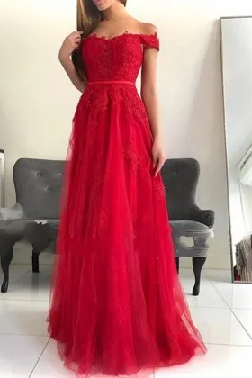 Pretty red lace off the shoulder A line prom dress