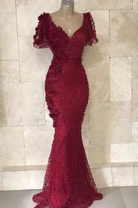 3D flowers and pearls dark red shrug sleeve formal dress