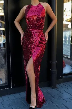 Sparkly magenta sequin side slit sheath long prom dress