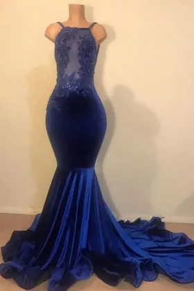 Sheer Beaded dark blue lace and velvet long train prom dress
