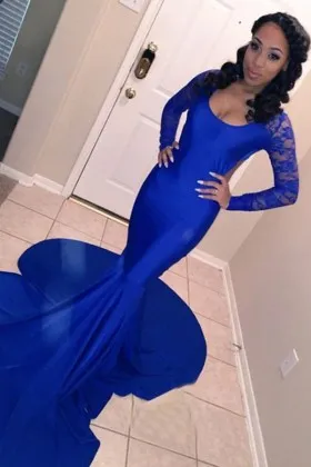 unique long train royal blue African American prom gown