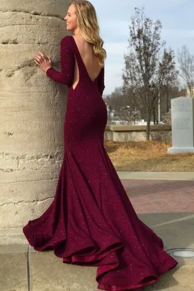 Sparkly burgundy glitter lurex long sleeve prom dress