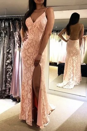 blush lace low back split sheath long prom dress