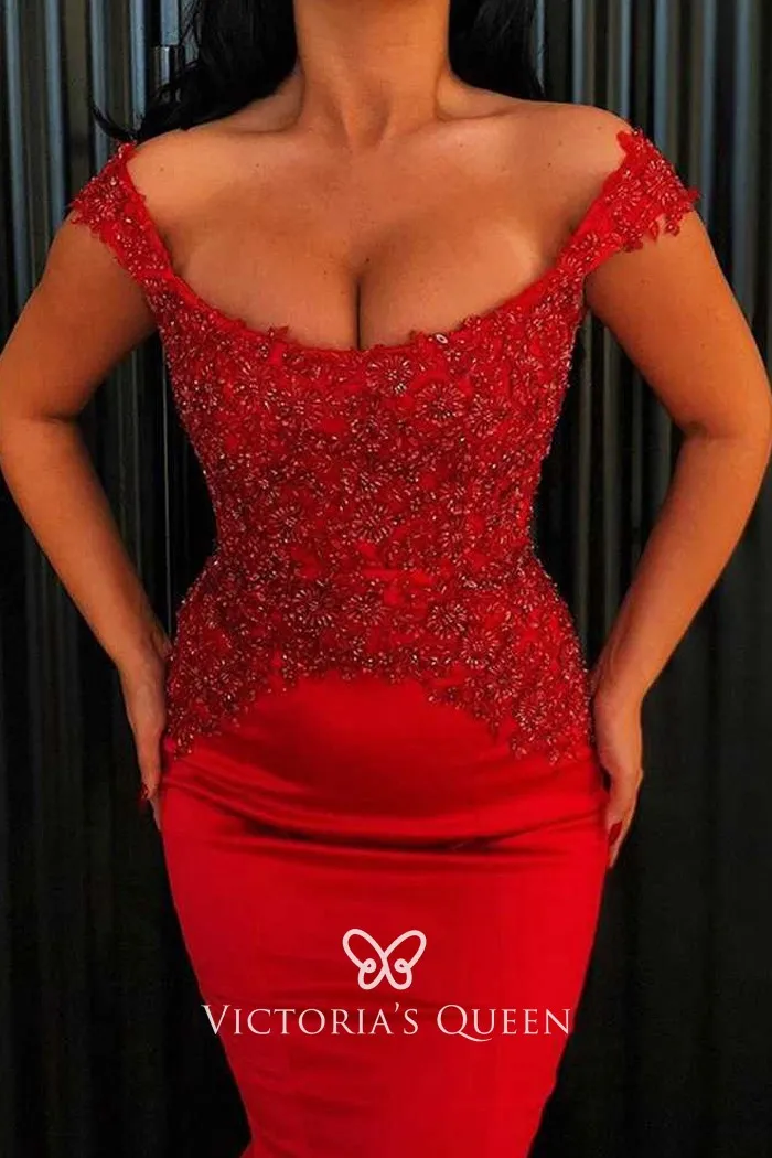 Red Beaded Satin Bodyhugging Mermaid Long Prom Dress VQ