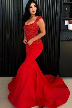 red beaded satin body hugging mermaid long prom dress